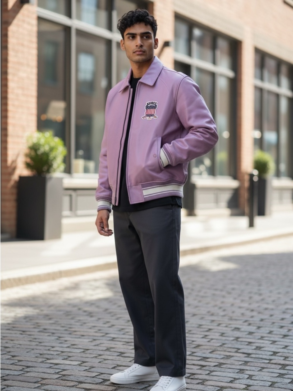 Avirex Lavender Leather Bomber Jacket with USA Patch - Picture 4 of 5